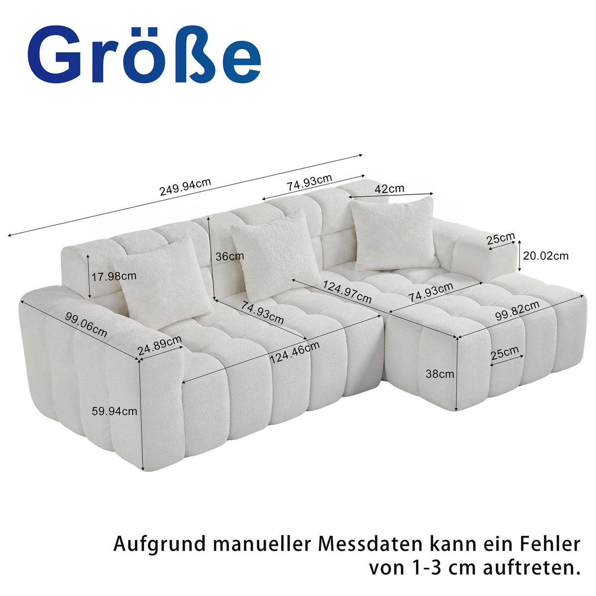 ECKSOFA 249,94x100x75 cm Weiß aus Cordvelours mit Schaumstoffpolsterung und Ottomane - Weiß, Textil (99.9/249.9cm) - Modfu