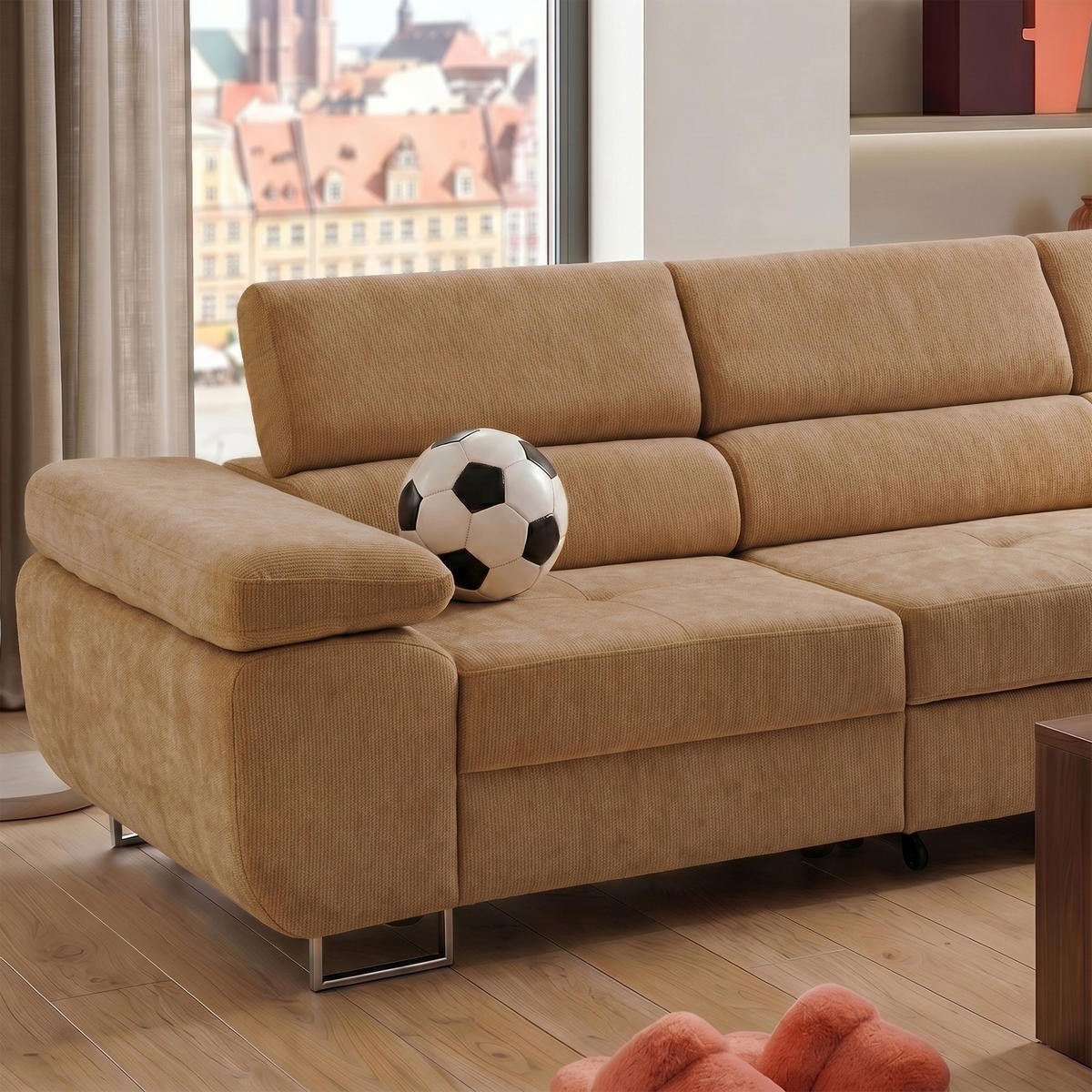 ECKSOFA WILD MAXI L Rechts mit Schlaffunktion 125x195 Chenille Braun - Chromfarben/Braun, Holz/Textil (350/203cm) - Muffo