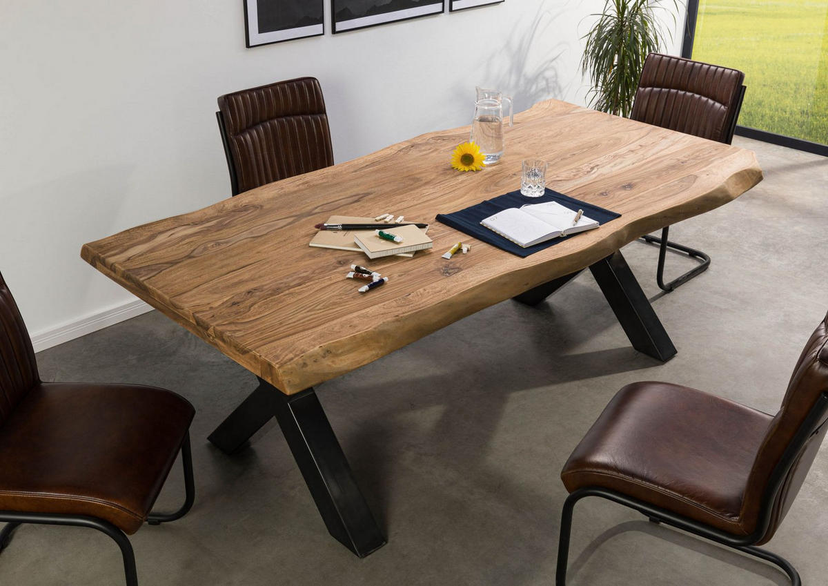 BAUMTISCH Sheesham 240x100x77 natur gebeizt / X-Beine anthrazit glänzend FREEFORM 5 - Braun, Holz (100/240/77cm) - Massivmoebel24