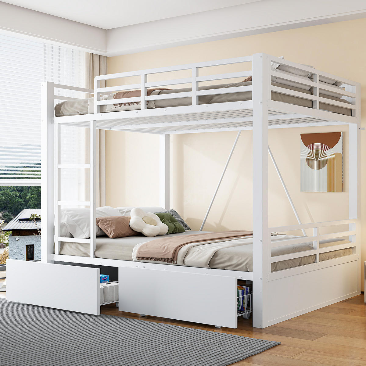 ETAGENBETT 90/200 cm & 140/200 cm in Weiß mit 2 Schubladen und Sicherheitsgeländer - Weiß, Holzwerkstoff/Metall (140/200cm) - STILVORA