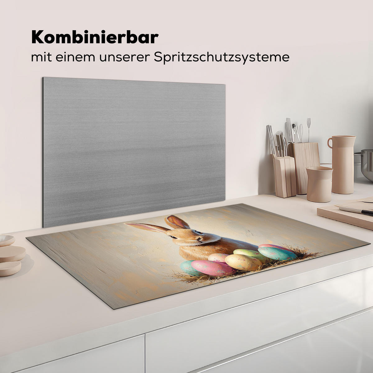 HERDABDECKPLATTE Osterhase - Pastell - Eier Induktionsschutz 91.6x52.7 cm - Beige, Kunststoff (91.6/52.7/0.2cm) - MuchoWow