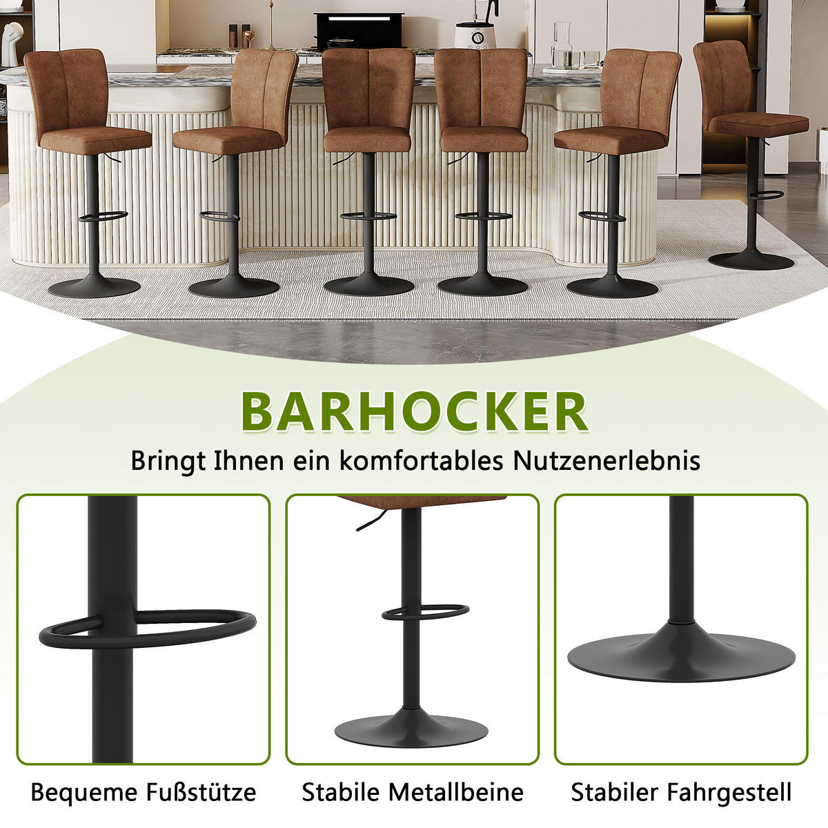 BARHOCKER 2er-Set Braun Höhenverstellbar 360° Drehbar mit Rückenlehne - Braun, Metall (44.5/95.5/44cm) - PANGIVO