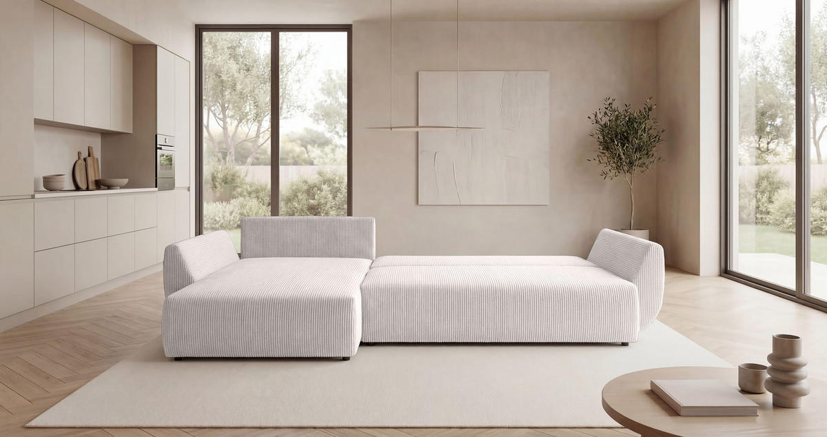 ECKSOFA SYDNEY links weiß Cord Poso 100 - Schlaffunktion, Bettkasten - Weiß, Textil (280/174cm) - Cornero