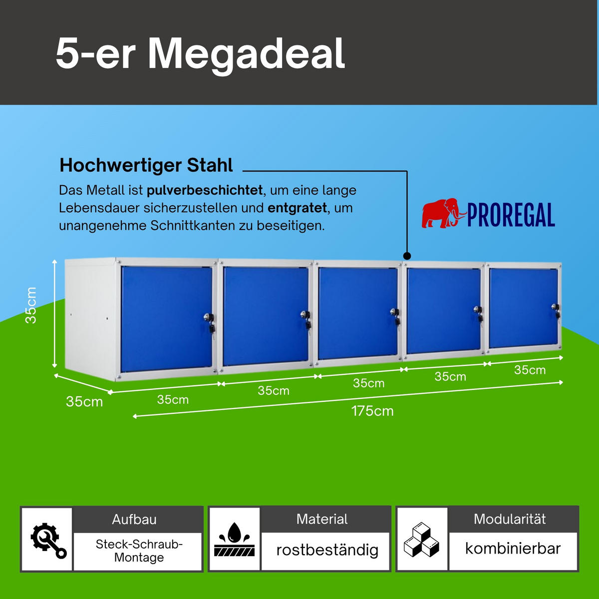 SCHLIESSFACHWÜRFEL Cubic 5er-Set 35x35x35 cm Grau-Blau - Blaugrau, Metall (105/70/35cm) - PROREGAL