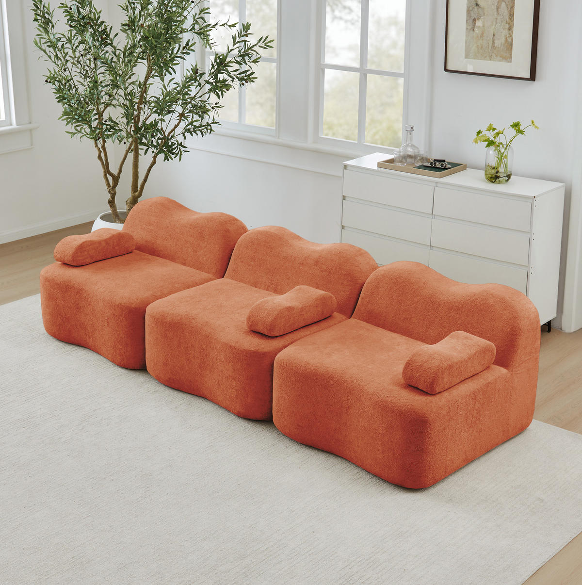 SOFA modular in Wellenform Samt Orange - Orange, Holzwerkstoff (98/70/288cm) - Meubliv