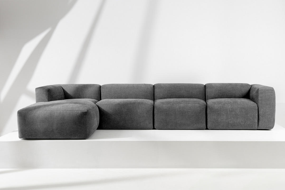 ECKMODULSOFA-LINKS BUFFO 6-Sitzer mit extrem weicher Sitzfläche, Gewebestoff, aschfahl - Grau, Textil (377/180cm) - KONSIMO®
