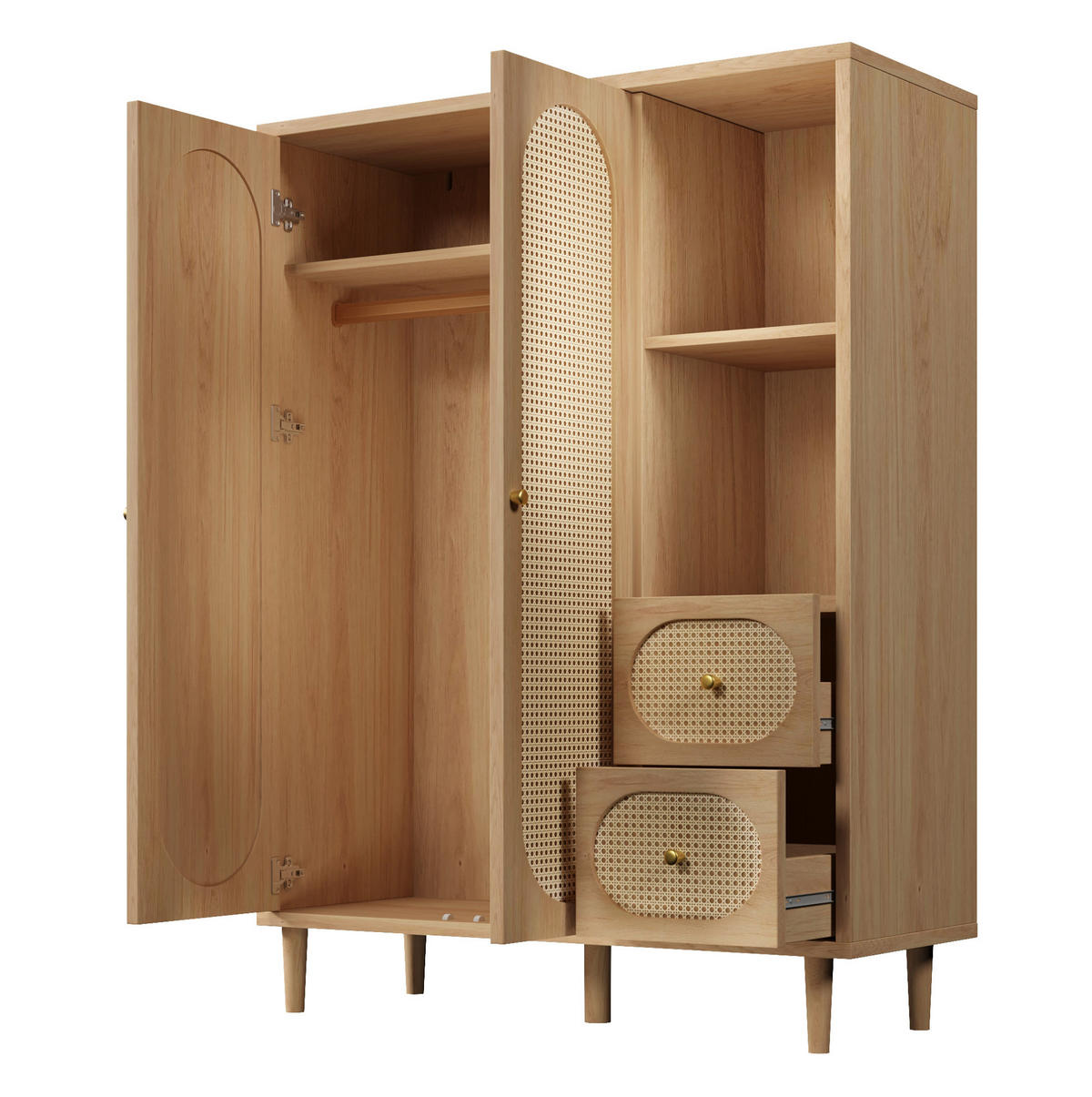KLEIDERSCHRANK 161/120/44 cm in Eiche mit Rattanfronten und 2 Schubladen - Eichefarben, Holz (120/161/44cm) - BEAOK