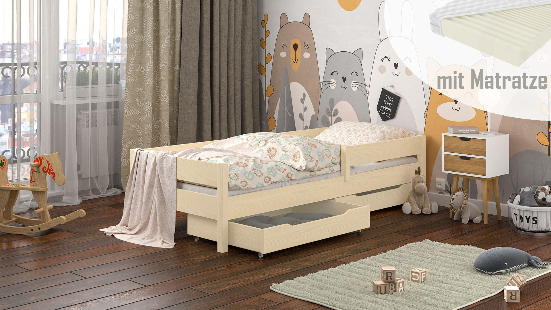 KINDERBETT Mix 160x80 naturweiß mit Schubladen und Matratze - Weiß, Holzwerkstoff (80/160cm) - LUKDOM