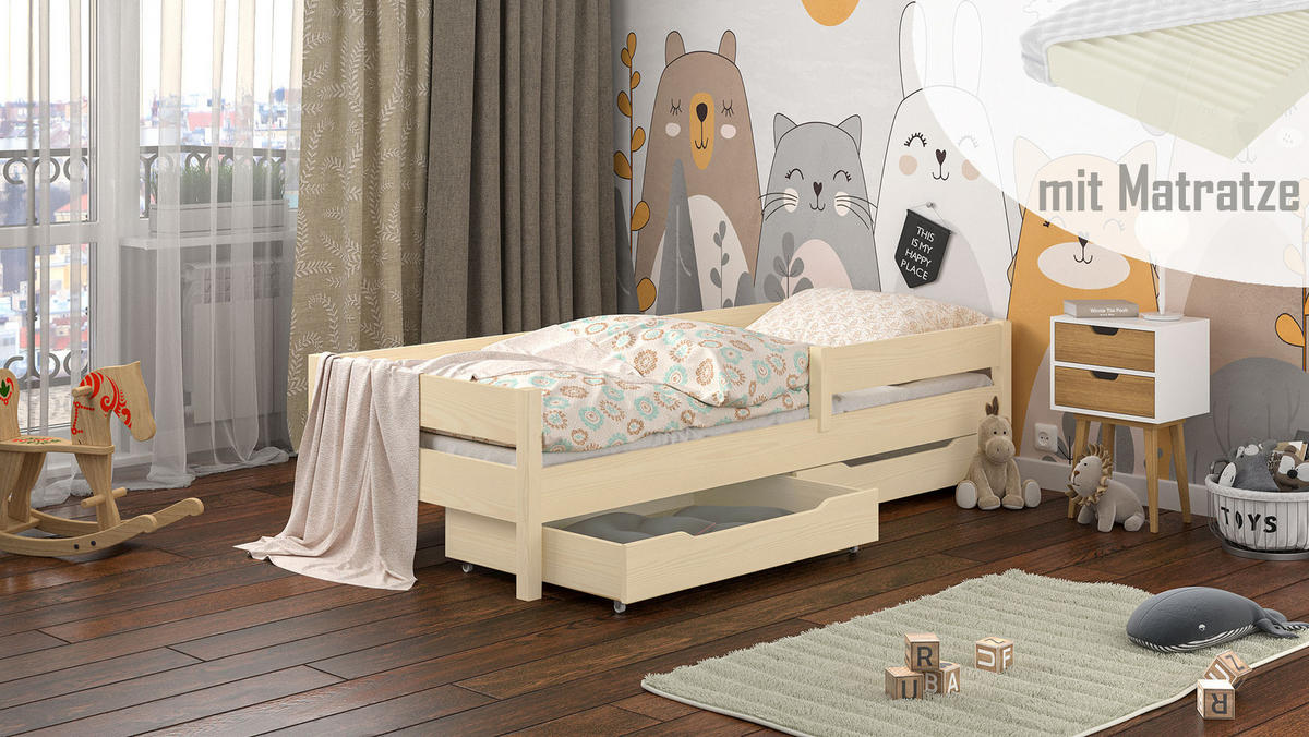 KINDERBETT Mix 160x80 naturweiß mit Schubladen und Matratze - Weiß, Holzwerkstoff (80/160cm) - LUKDOM