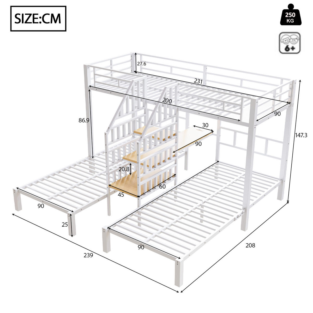 ETAGENBETT Kinder 90x200 Weiß mit LED, Leiter, Schreibtisch und Stauraum - Weiß, Metall (90/200cm) - ComfortXL