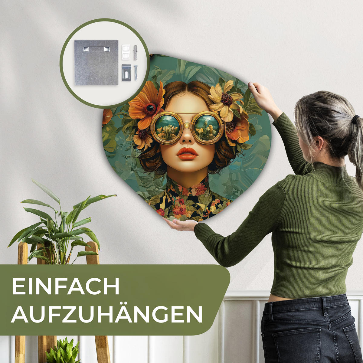 WANDBILD Frau - Blumen - Schmetterlinge - Natur - Vintage 60x60 cm - Petrol, Kunststoff (60/60cm) - MuchoWow
