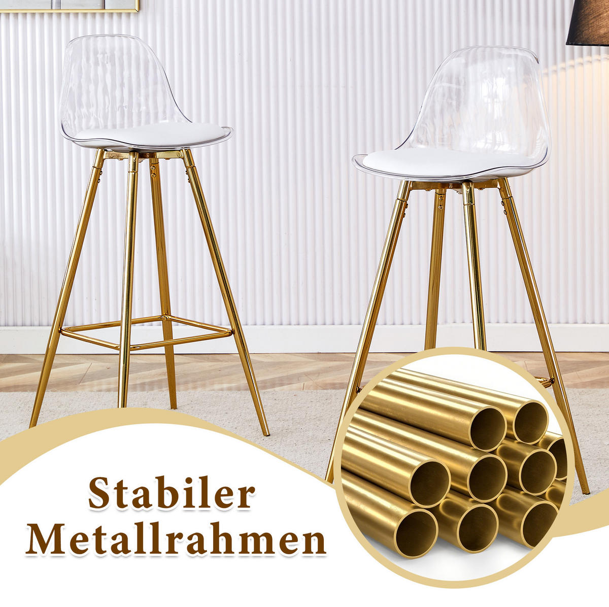 BARHOCKER 2er-Set mit Rückenlehne Metall/Kunststoff Gold Transparent - Goldfarben, Metall (33/96.5/38cm) - Meubliv