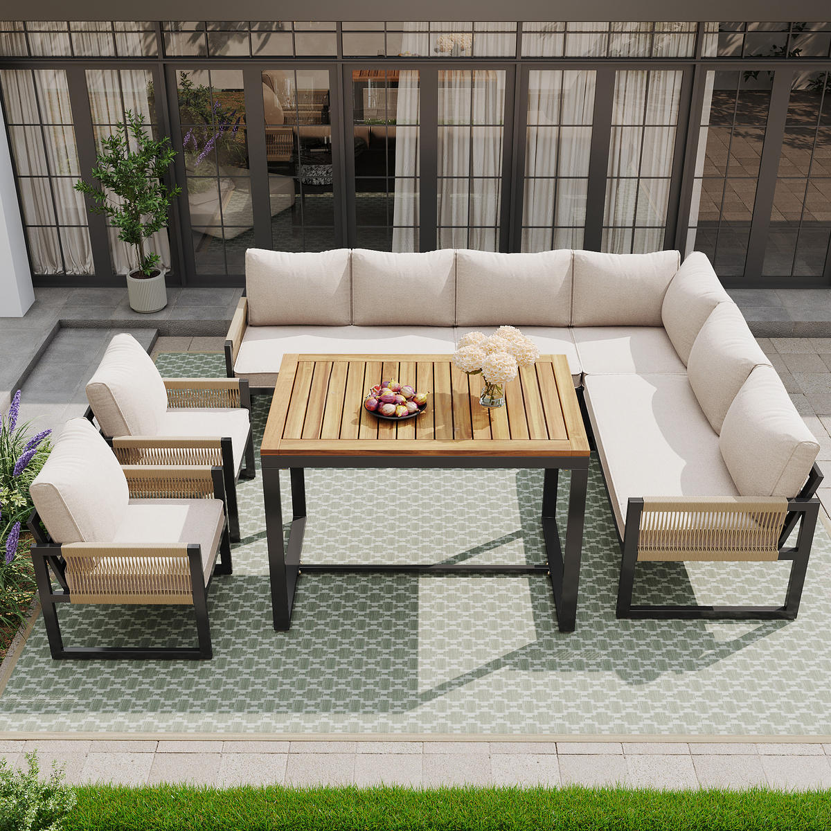 GARTENESSGRUPPE Beige 8 Personen modular mit handgewebten Seilen - Beige, Metall - PANGIVO