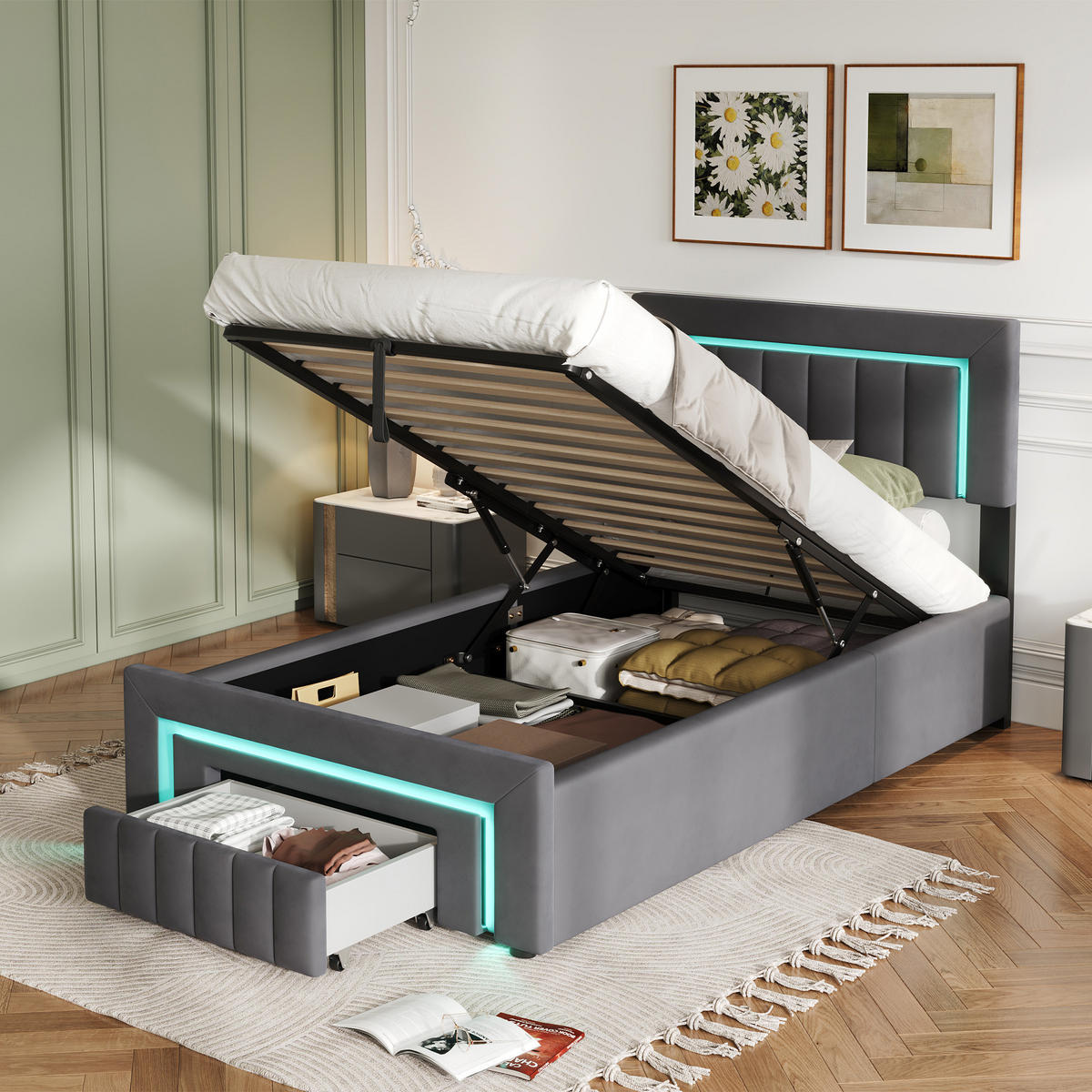 POLSTERBETT 90/200 cm mit hydraulischem Bettkasten, Schublade mit Rollen, LED-Beleuchtung, Grau - Grau, Textil (90/200cm) - Redom