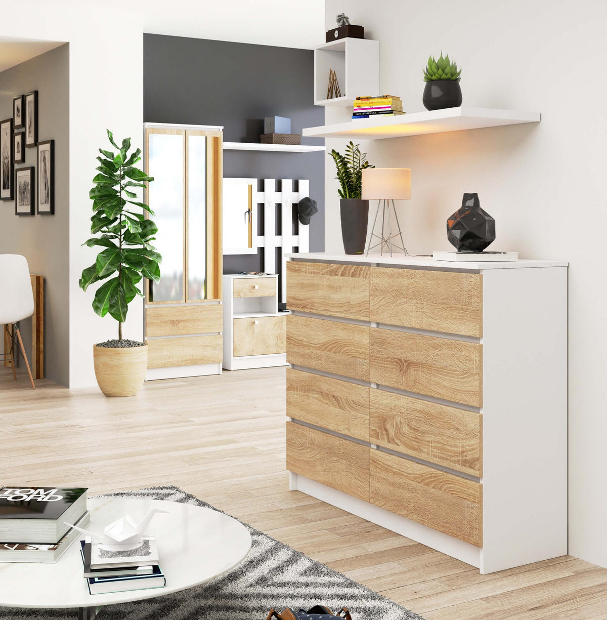 KOMMODE Weiß, Eiche Sonoma 99/120/40 - Weiß, Holzwerkstoff (120/99/40cm) - RAUMHIRSCH FURNITURE