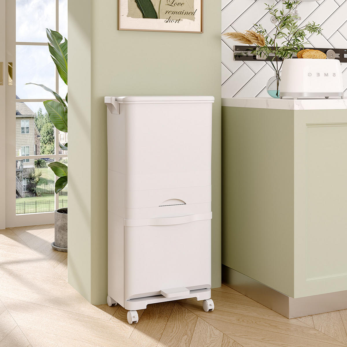 MÜLLEIMER 42L Mülltrennung 3-Stufig Schublade Rollen Kunststoff Weiß - Weiß, Kunststoff (42/84/28.2cm) - Livingandhome