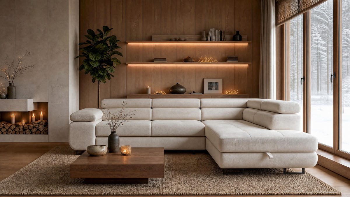ECKSOFA Velmo mit Bettkasten und Schlaffunktion, verstellbaren Kopfstützen, in L-Form - Beige, Textil (275/203cm)