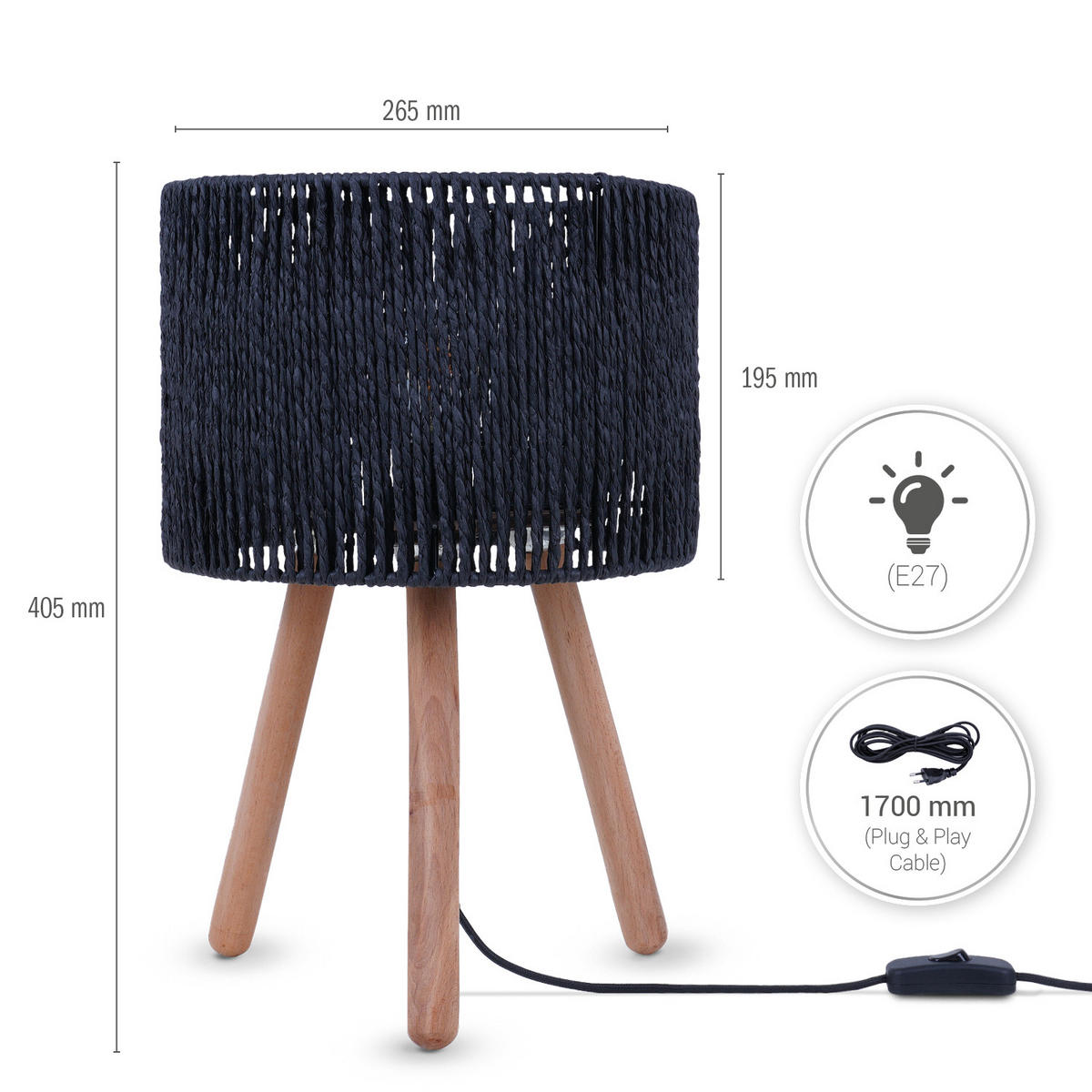 TISCHLAMPE Pita Tl - Schwarz, Holz (26.5/26.5/40.5cm) - Paco Home
