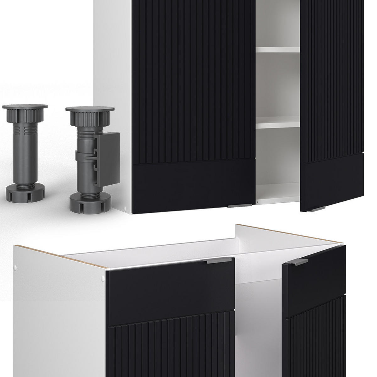 KÜCHENZEILE Fame-Line, Schwarz gestreift/Weiß, 200 cm ohne Arbeitsplatte - Schwarz/Weiß, Holzwerkstoff (200/81.6/46cm) - Vicco