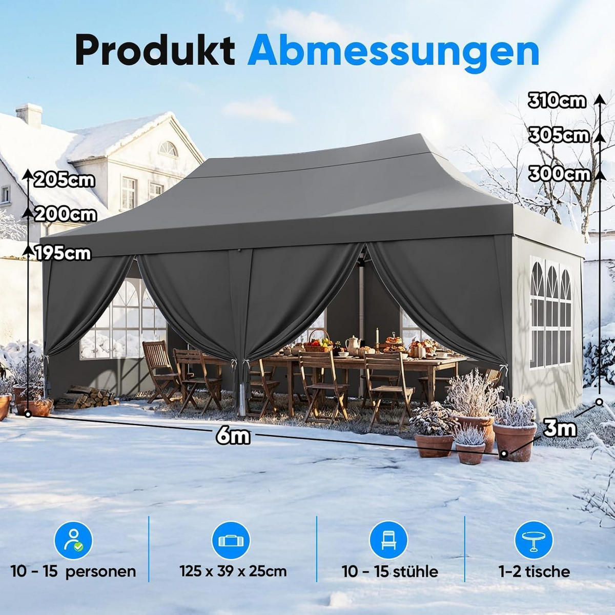 FALTPAVILLON 3x6m wasserdicht mit Seitenwänden und UV-Schutz - Grau, Textil (585/310/293cm)