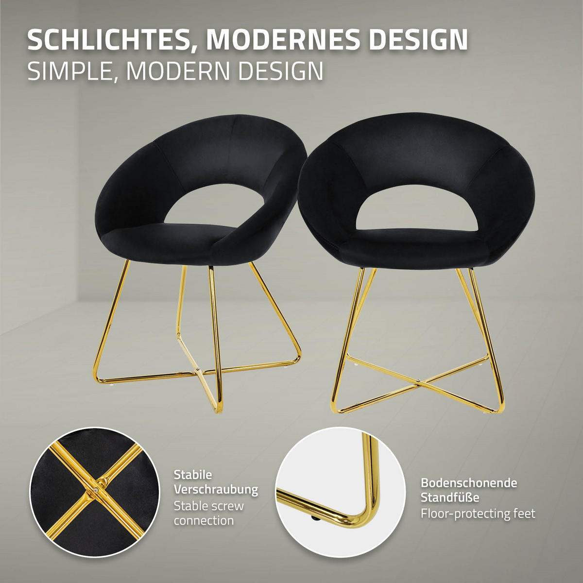 JÍDELNÍ ŽIDLE, sada 4 ks, černý samet - černá/zlatá, kov (53/77/64cm) - ML-DESIGN