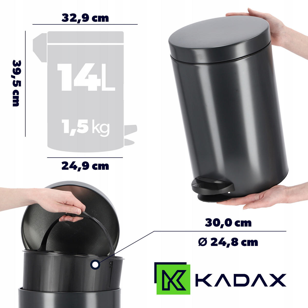 MÜLLEIMER 14L Anthrazit - Anthrazit, Metall (32.9/32.9cm) - KADAX