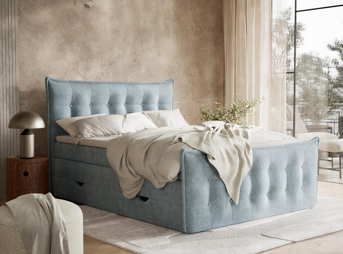 BOXSPRINGBETT Fatu 200/200 cm, in Hellblau, Bettkasten, Matratze, Topper - Schwarz/Hellblau, Holz/Holzwerkstoff (200/200cm) - Maison de Reve