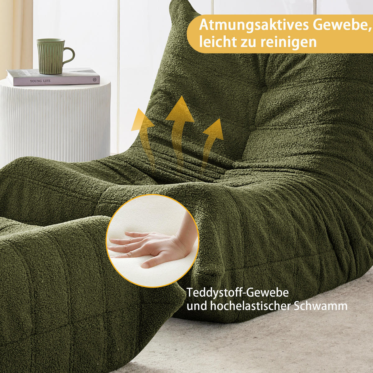 LAZY SOFA Teddyfell Optik mit Hocker weich & ergonomisch - Grün, Textil (100/70/90cm) - Urban Meuble