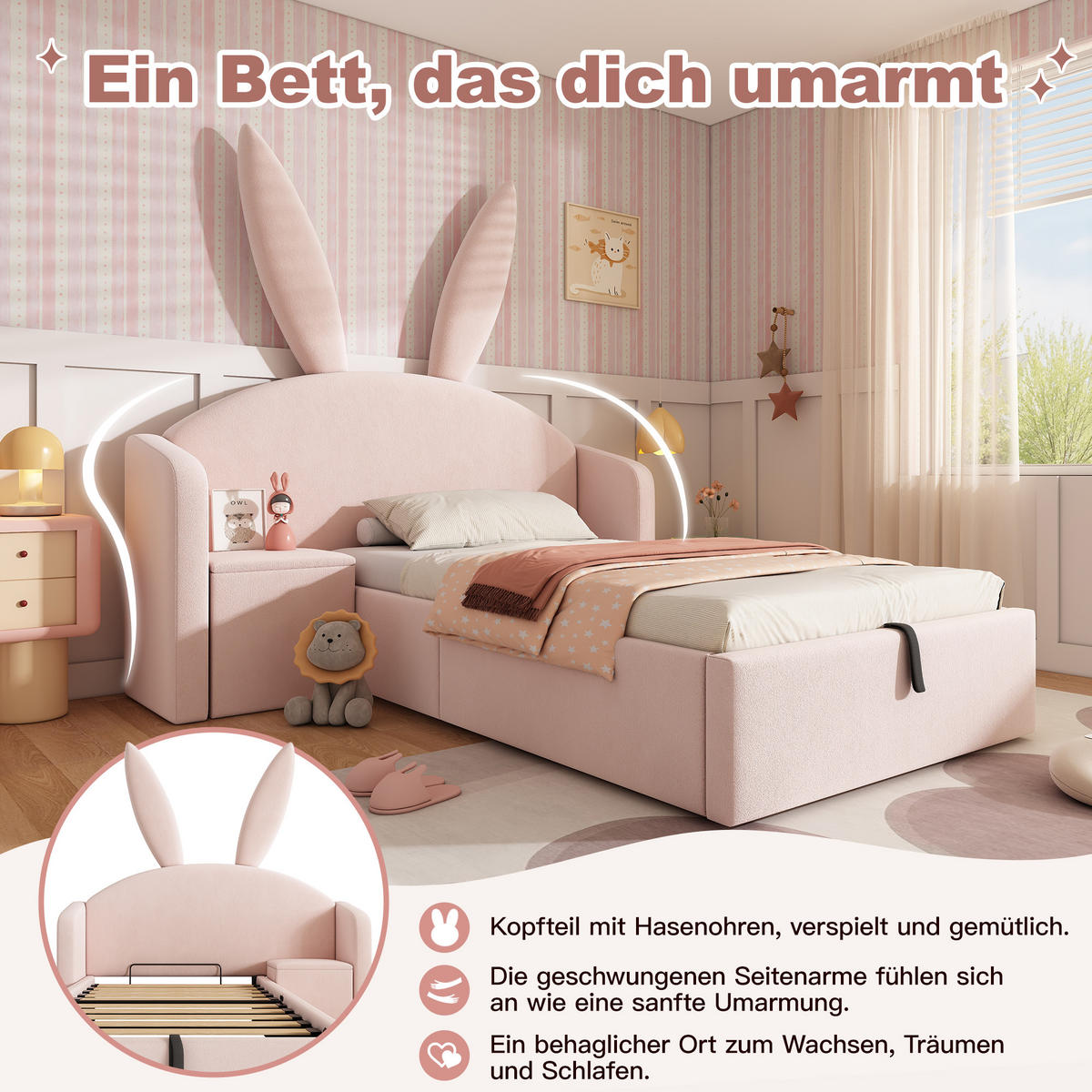 POLSTERBETT 90/200 cm Rose mit Hydraulischem Stauraum und Nachttisch (Ohne Matratze) - Rosa, Textil (90/200cm) - Oxeza