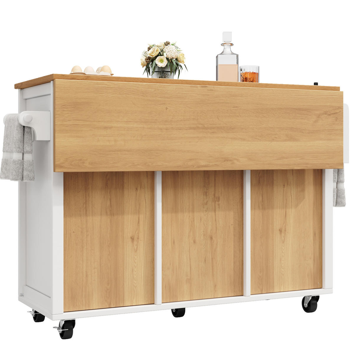 KÜCHENINSEL aus MDF und Metall 137,9x73x92,5 cm Weiß mit Klapptisch, Rollen und großem Stauraum - Weiß, Holzwerkstoff (137.9/92.5/73cm) - Modfu