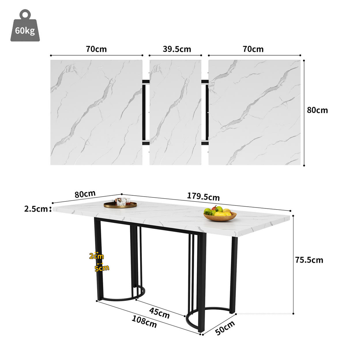 JÍDELNÍ stůl 140-179,5/80/75,5 cm černá/bílá z MDF a kovu rozkládací - bílá, kompozitní dřevo (140/80/75.5cm) - OKWISH