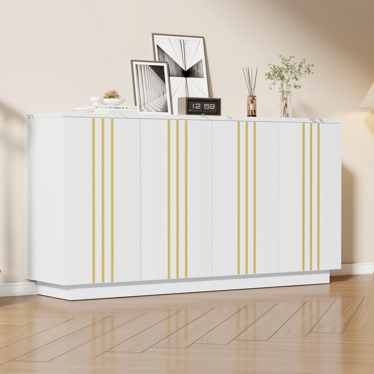 SIDEBOARD Weiß-gold mit vier Schranktüren und verstellbaren Einlegeböden 35 × 140 × 70 cm aus Spanplatte - Weiß, Holzwerkstoff (140/70/35cm) - Luhomfu