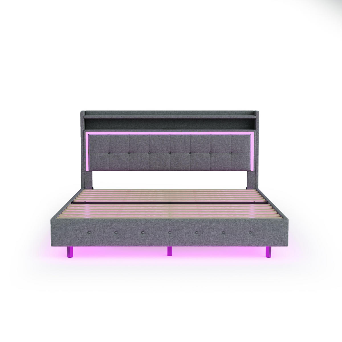 POLSTERBETT 140/200 cm Grau aus Leinen mit LED-Beleuchtung und USB-Anschlüssen - Grau, Textil (140/200cm) - Flora Grace