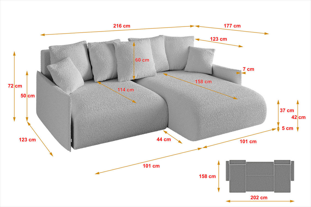 ECKSOFA Ottomane rechts ONESK-L -v1 216x177x72 Hellgrau Bouclé - Hellgrau, Holzwerkstoff/Kunststoff (177/216cm) - ALTDECOR