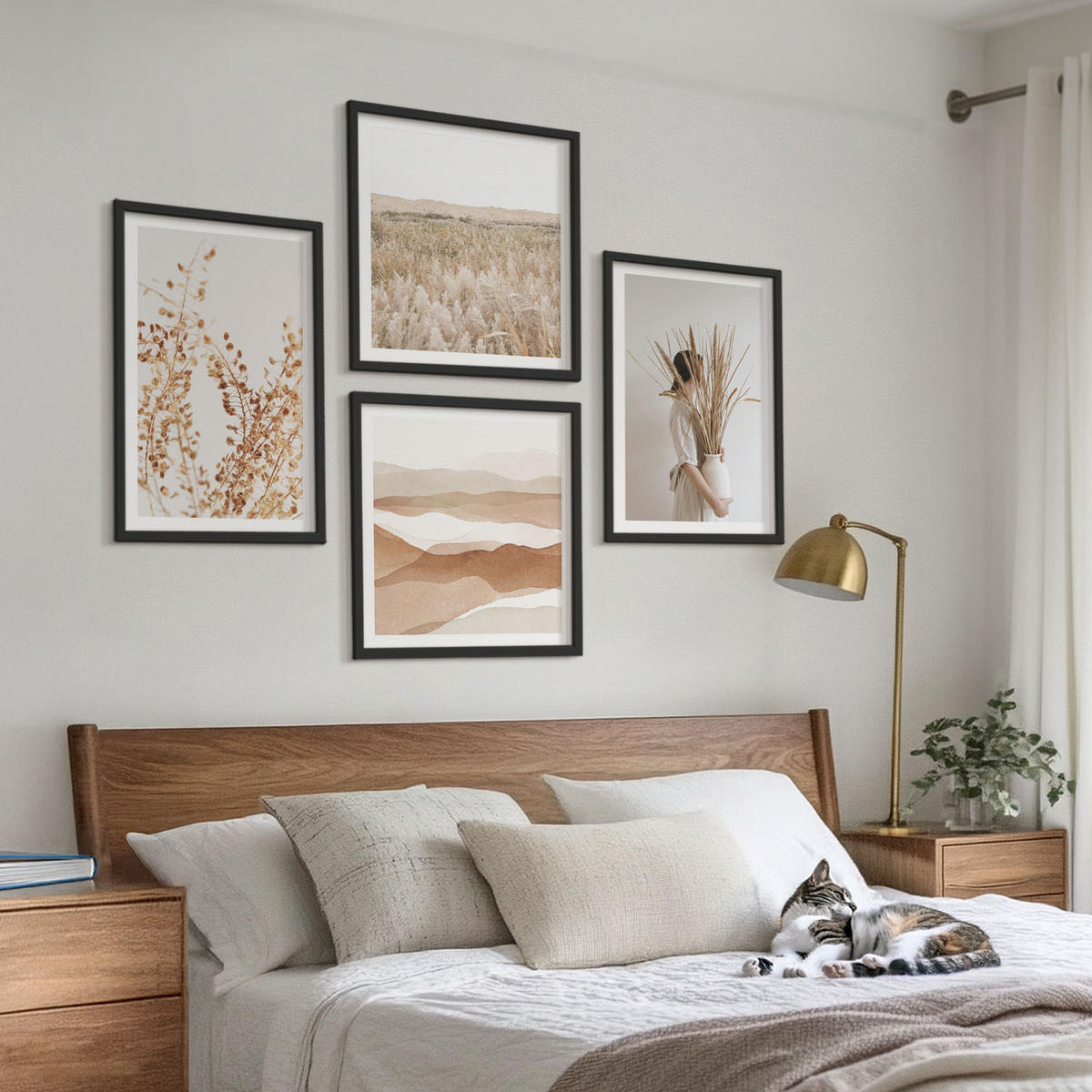 BILDER SET 4er Set - 50x50 cm & 40x60 cm Schwarzer Rahmen - Pflanzenmotive im Boho-Stil - Schwarz, Kunststoff (50/50cm) - TULUP