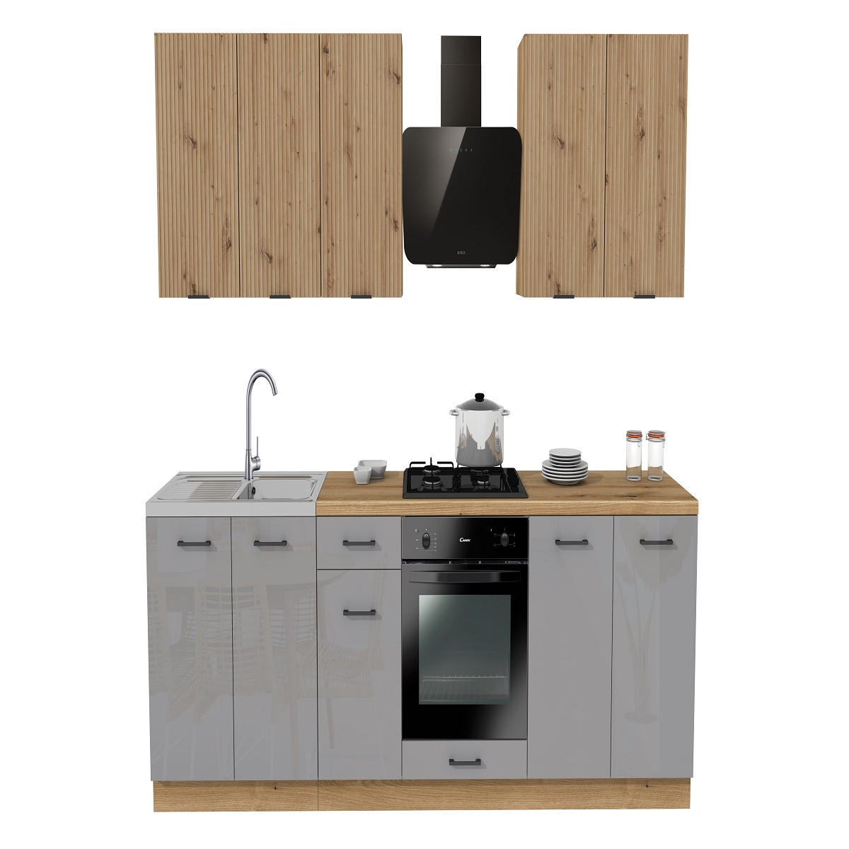 KÜCHENZEILE 260 cm mit Arbeitsplatte - SIMPLY Z14 - in Grau Hochglanz / Eiche Rille / Eiche - Eichefarben/Schwarz, Holz/Holzwerkstoff (260/212/53cm)