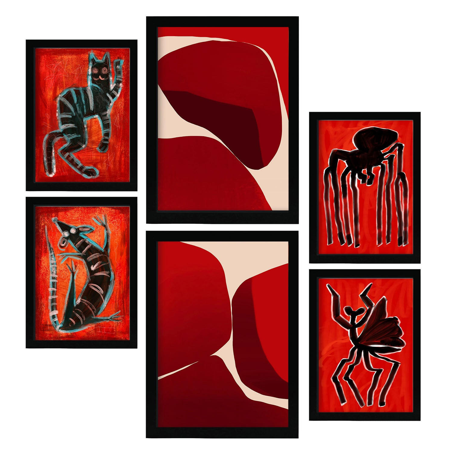 POSTER Set Mit 6 Gesteinte Kreaturen In Tiere Zusammenfassungen A3 & A4 Schwarzer Rahmen - Schwarz, Papier (29/3cm) - Nacnic