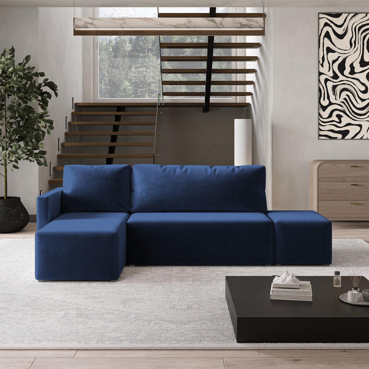 ECKSOFA VELOTTI L-S Blau Plüsch-Stoff mit Schlaffunktion - Blau, Holz (261/143cm) - MASSENO