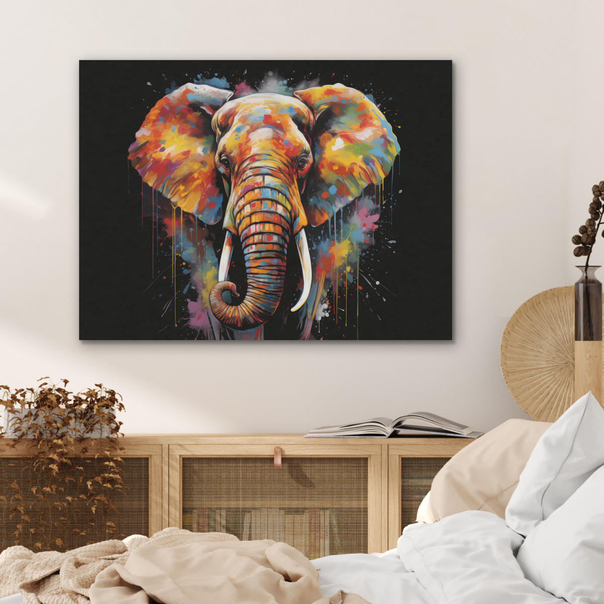 AKUSTIKPANEEL Elefant - Graffiti - Schwarz - Tiere - Farben 80x60 cm - Schwarz, Textil (80/0.9/60cm) - MuchoWow