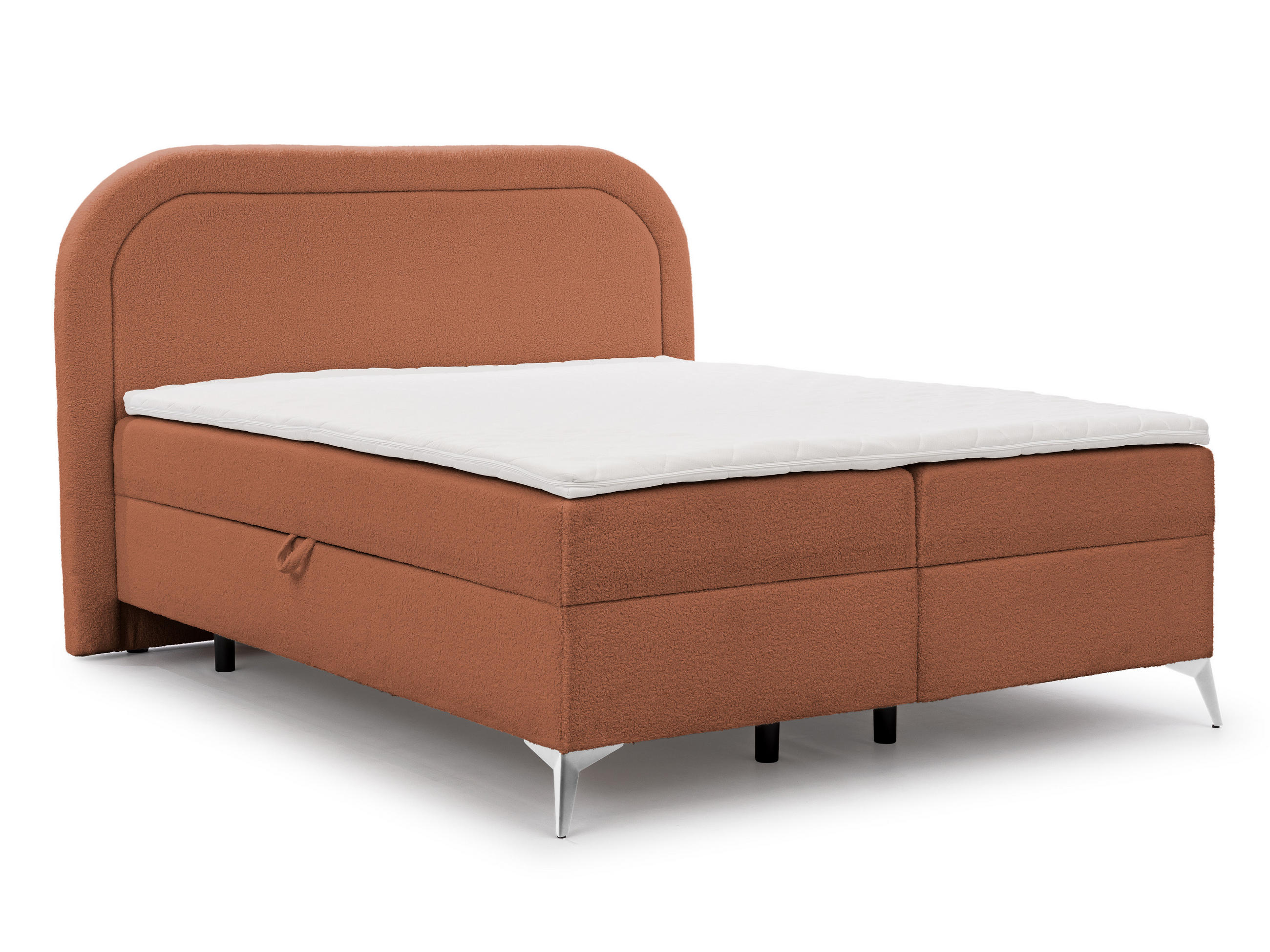 BOXBETT Sonna 160/200 cm Terrakotta Bouclé-Stoff mit abgerundetem Kopfteil und mit silbernen Metallfüßen - Silberfarben/Terra cotta, Holz/Textil (160/200cm) - S-Style Möbel