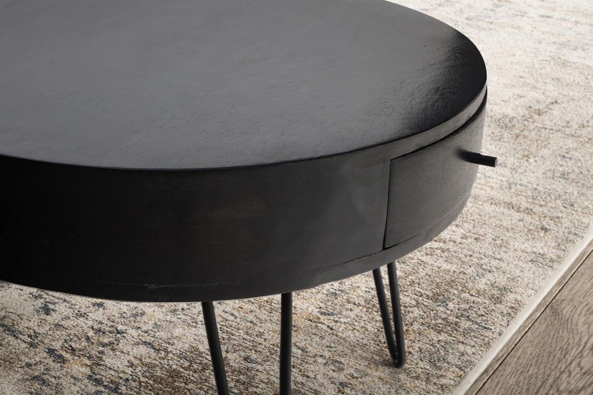 COUCHTISCH Rund Mango Massivholz Metall, 60x60x43 cm, mit Schublade, Stauraum und Haarnadelbeinen - Schwarz, Holz/Metall (60/60/43cm) - KADIMA DESIGN