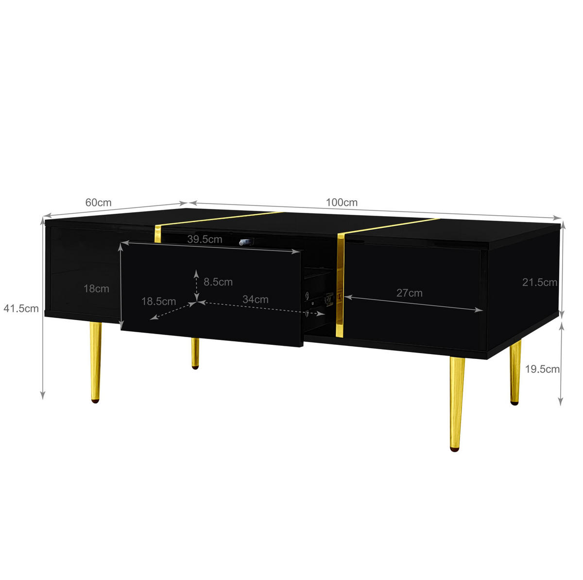 KONFERENČNÍ stolek, 100/60/41,5 cm, MDF černá ve vysokém lesku se 2 zásuvkami - černá, kompozitní dřevo (100/60/41.5cm) - BEAOK