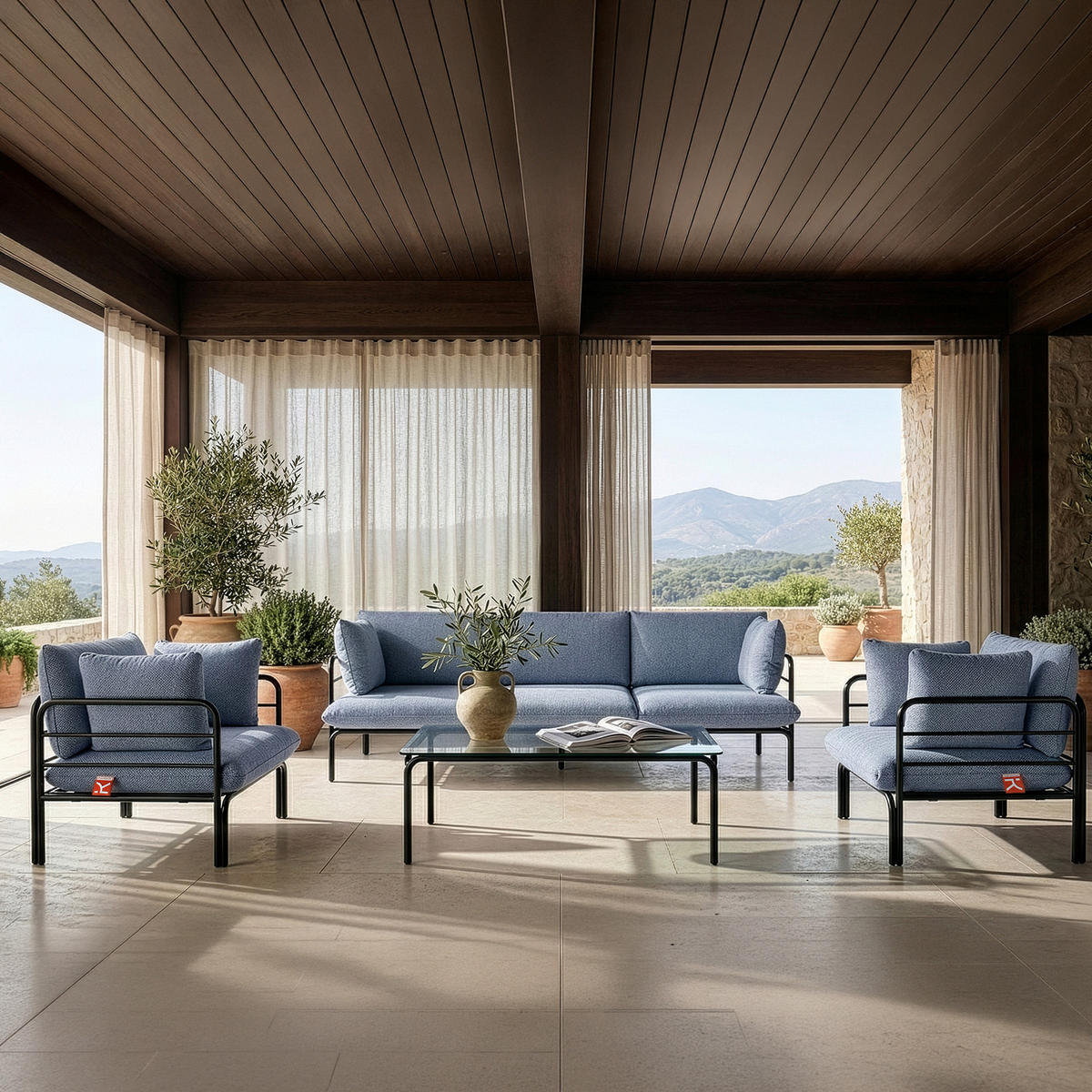 GARTENMÖBELSET RAMBE 4-tlg. 1x Tisch 2x Sessel 1x Sofa 3-Sitzer, mit Auflage, Stahlrahmen, LOFT-STIL, Anthrazit - Anthrazit/Dunkelblau, Glas/Textil - KONSIMO®