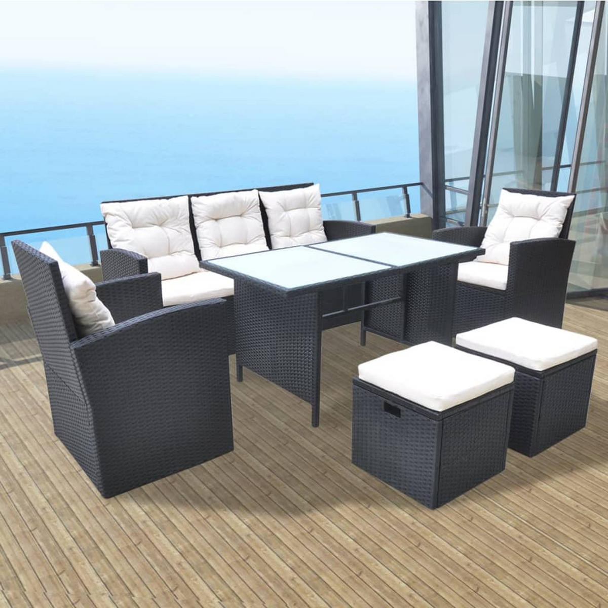 GARTEN-ESSGRUPPE 6-TLG MIT AUFLAGEN POLY RATTAN SCHWARZ - Creme/Schwarz, Naturmaterialien/Textil - vidaXL