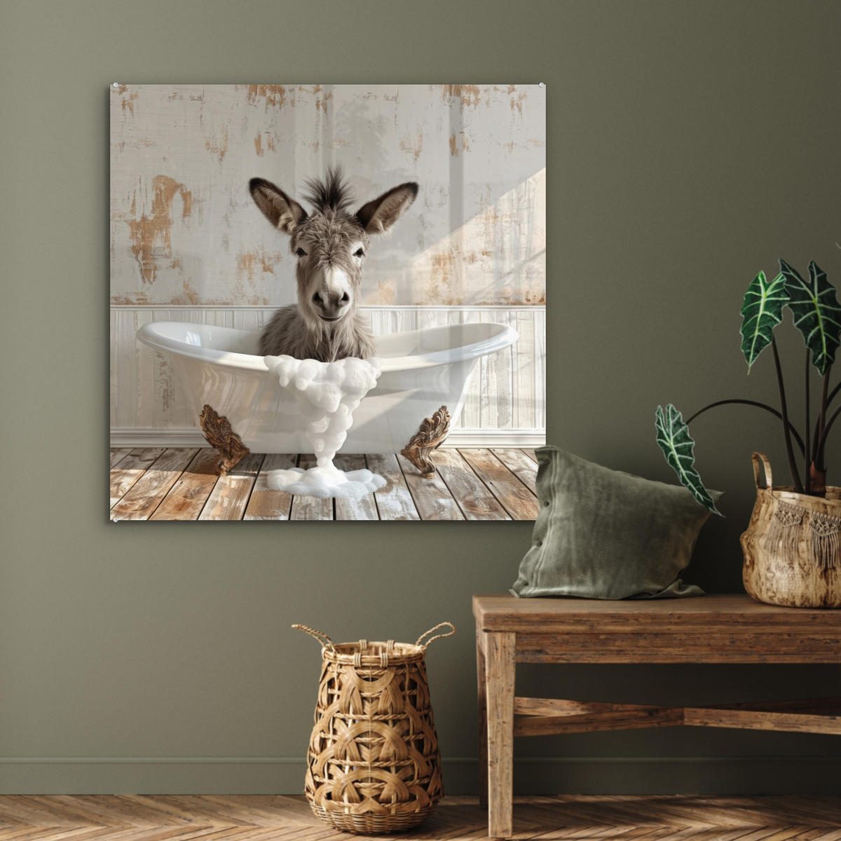ACRYLGLASBILD Esel - Tiere - Badewanne - Schaumstoff 90x90 cm - Weiß, Glas (90/90cm) - MuchoWow