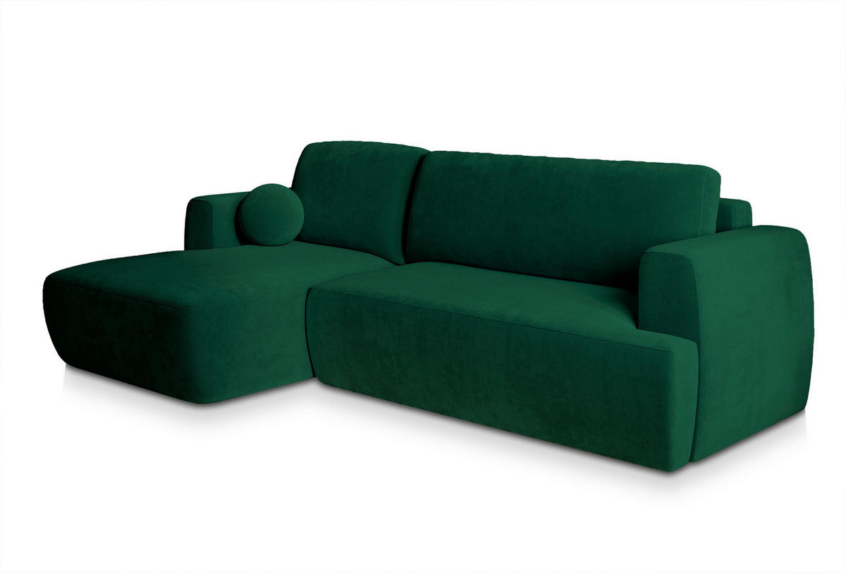ECKSOFA SENTI K L-S Grün Plüsch-Stoff mit Schlaffunktion - Grün, Holz (246/148cm) - MASSENO