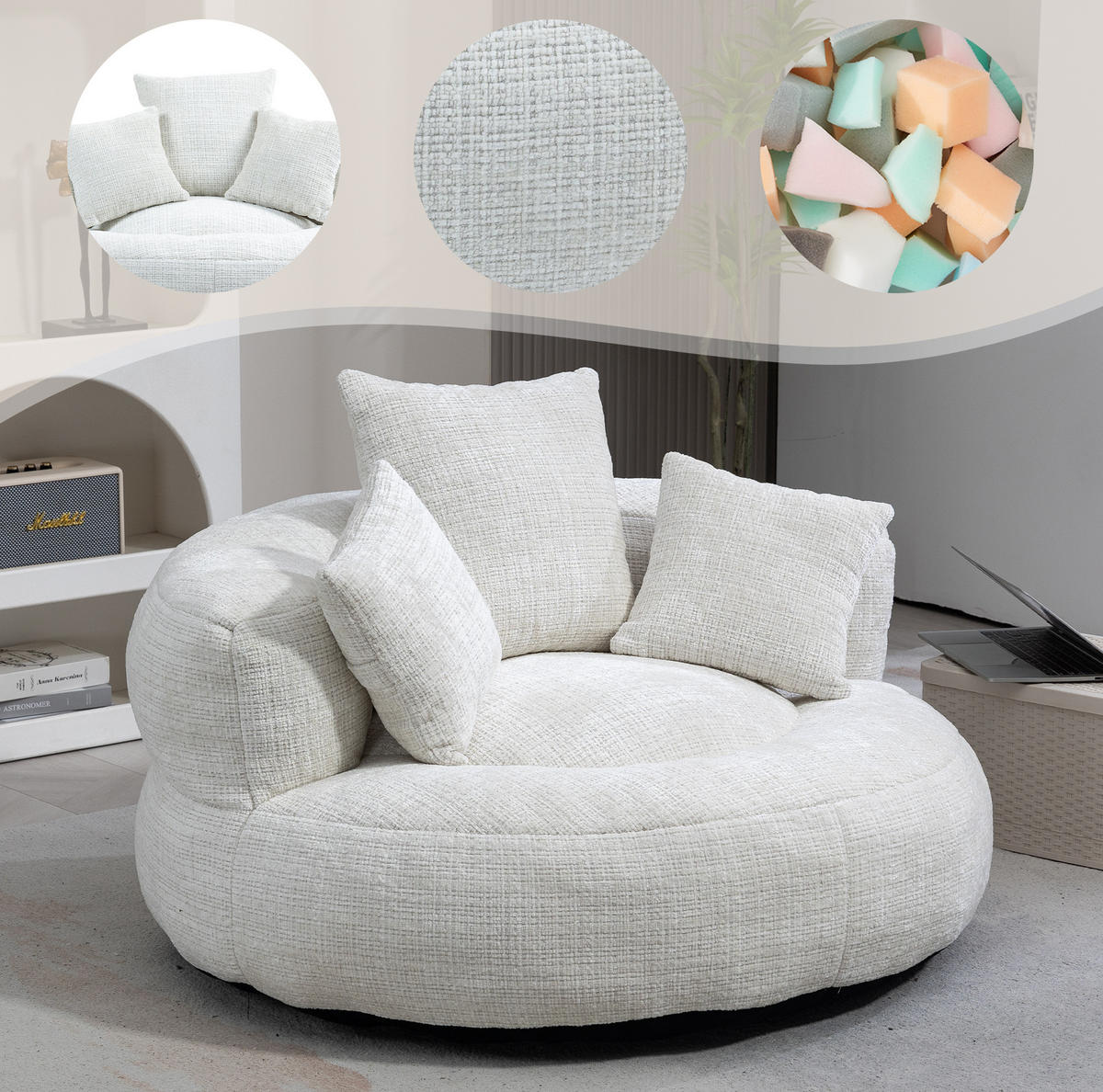 SITZSACK Chenille Beige 108 x 108 x 52 cm - Beige, Kunststoff (108/52/108cm) - Beauniv
