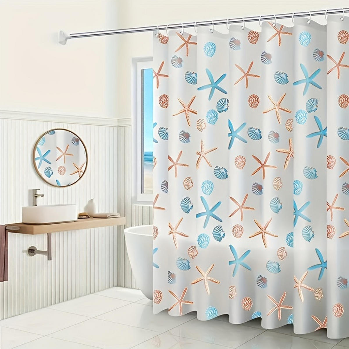 DUSCHVORHANG Seestern Muster Polyester wasserdicht fürs Badezimmer mit Haken - Multicolor, Kunststoff (150/180cm) - MCBOSON