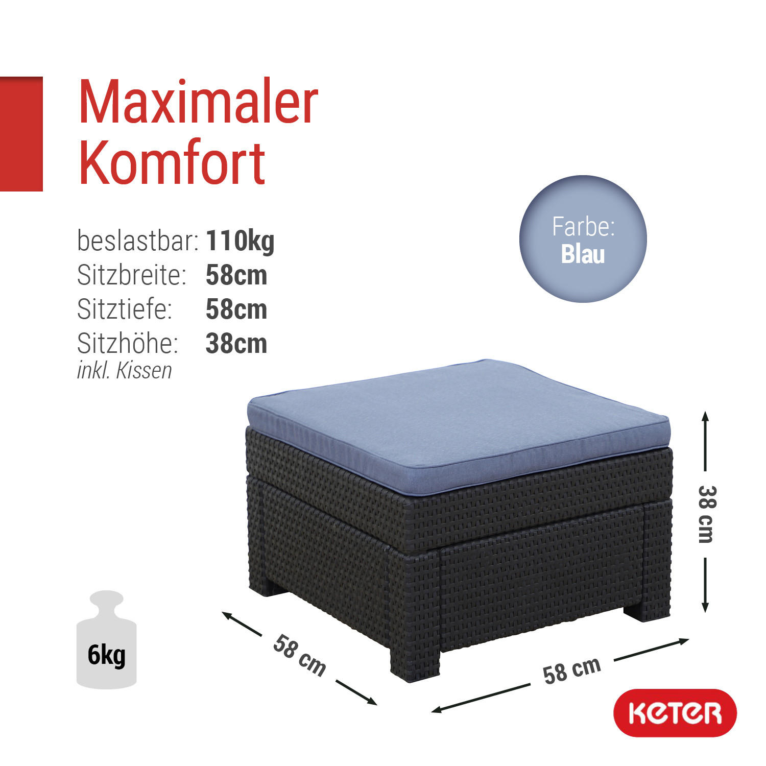 HOCKER Provence anthrazit mit Kissen in Blau - Anthrazit, Kunststoff (60/250/60cm) - Keter