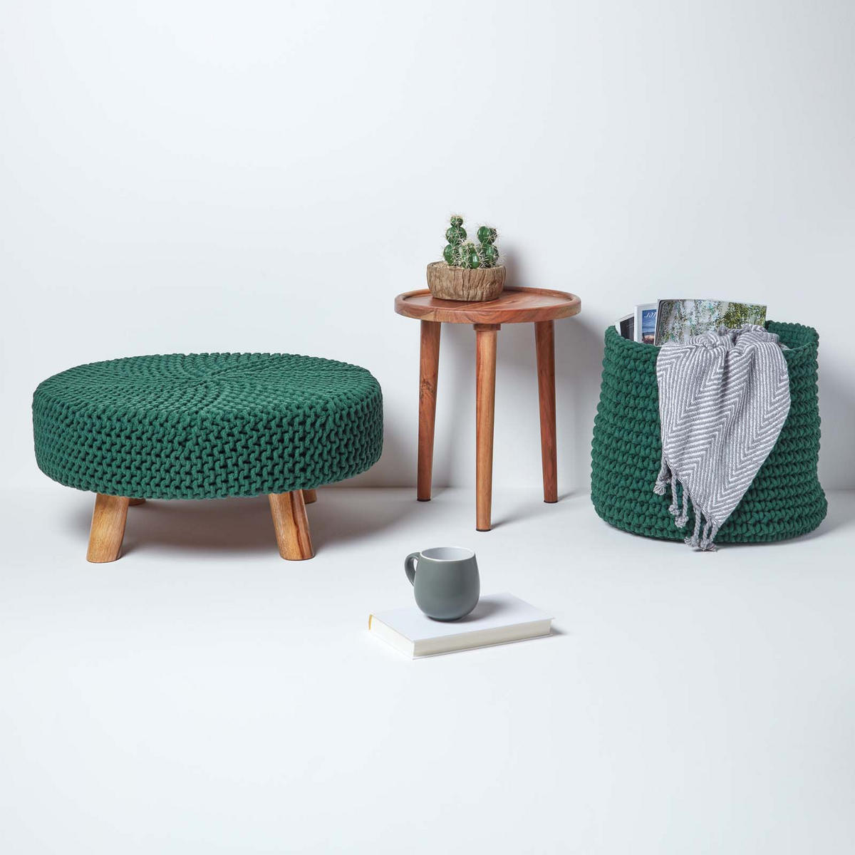 STRICK-HOCKER tannengrün, rund 62/62/30 cm - Waldgrün, Textil (62/30/62cm) - Homescapes